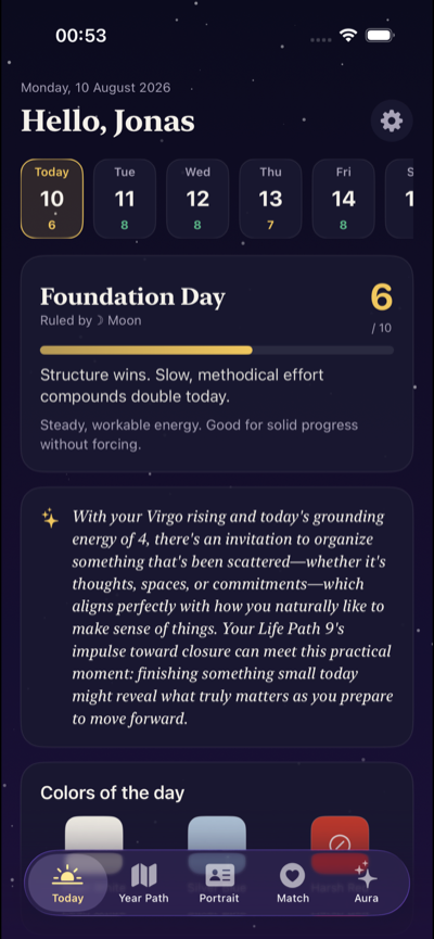 AuraPath daily guidance home screen with energy, colors and lucky days