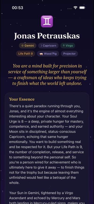 AuraPath personality portrait screen with astrology and numerology insights